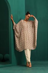 Truebrowns Off White Circle Floral Muslin Silk Printed Kaftan Pant Set